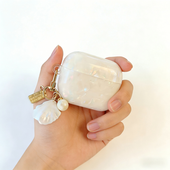 Iridescent Pearl Shell AirPods Case with Charm – Universal Fit for All AirPods Models