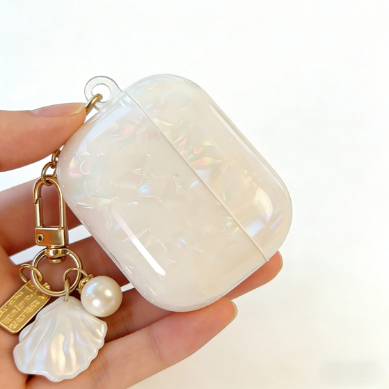 Iridescent Pearl Shell AirPods Case with Charm – Universal Fit for All AirPods Models