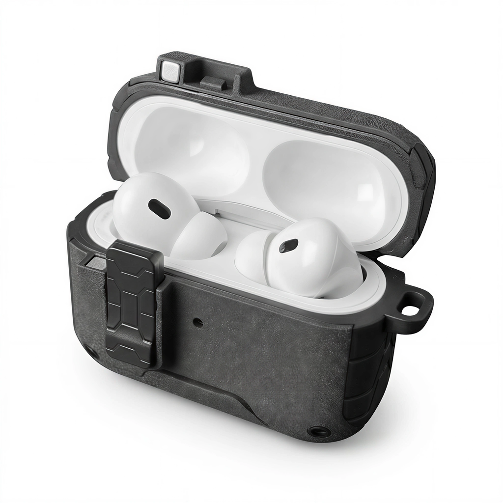 Rugged Lockable AirPods Case with Leather Lanyard – Black Shockproof Cover