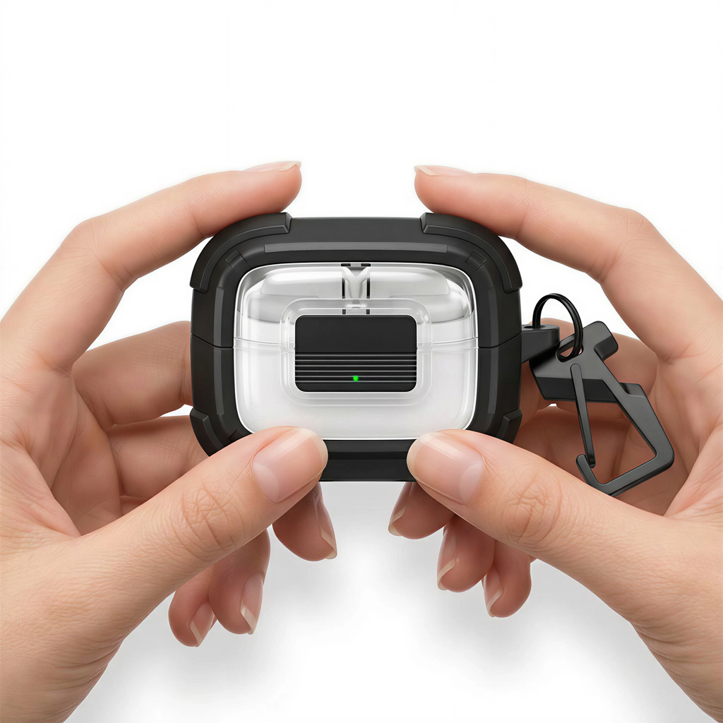 Clear View Lockable AirPods Case with Carabiner – Rugged Heavy-Duty Protection Shockproof Cover
