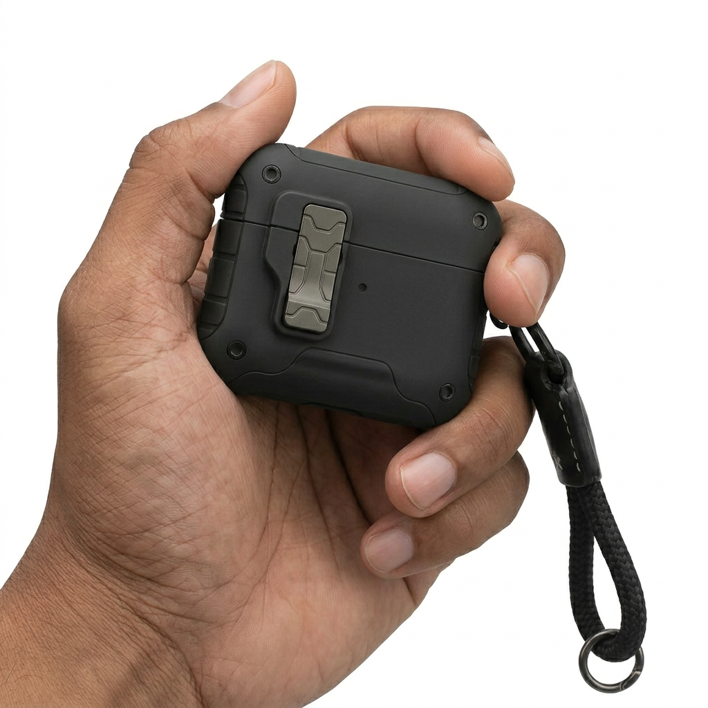 Rugged Lockable AirPods Case with Leather Lanyard – Black Shockproof Cover