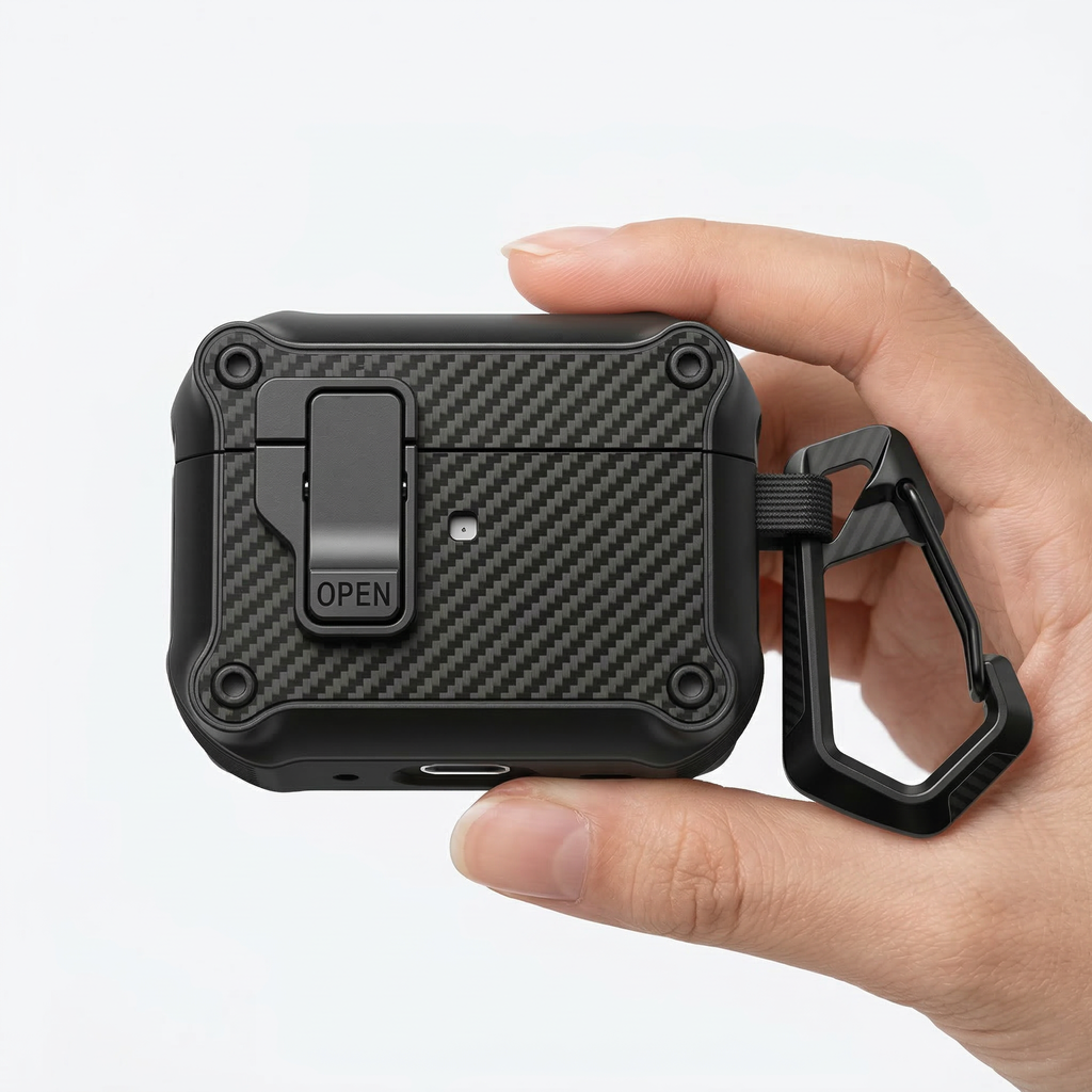 Rugged Carbon Fiber AirPods Case with Lock & Carabiner – Heavy-Duty Protection Shockproof Cover