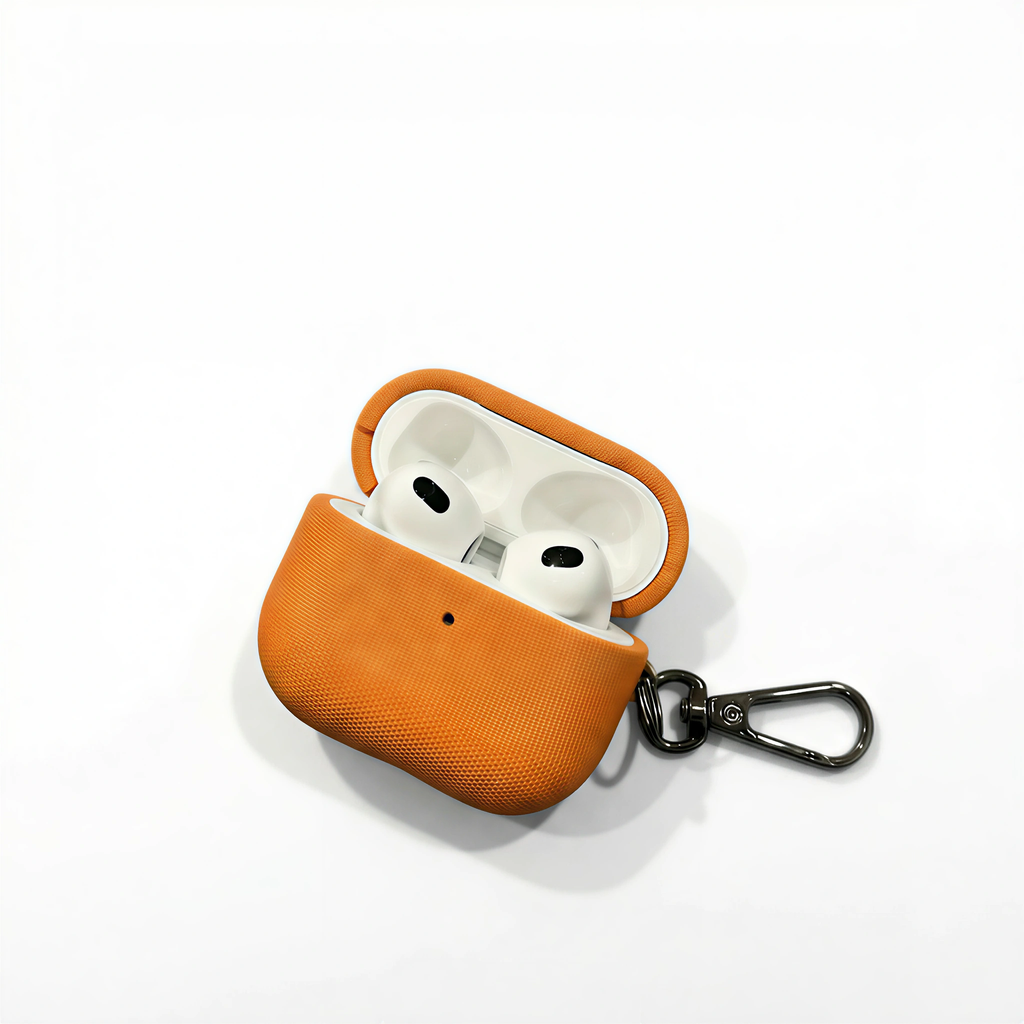 Textured Orange Fabric AirPods Case with Carabiner – Universal Fit