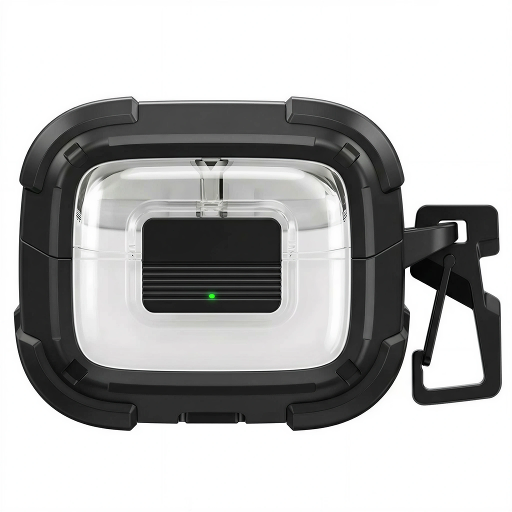 Clear View Lockable AirPods Case with Carabiner – Rugged Heavy-Duty Protection Shockproof Cover