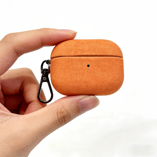 Textured Orange Fabric AirPods Case with Carabiner – Universal Fit