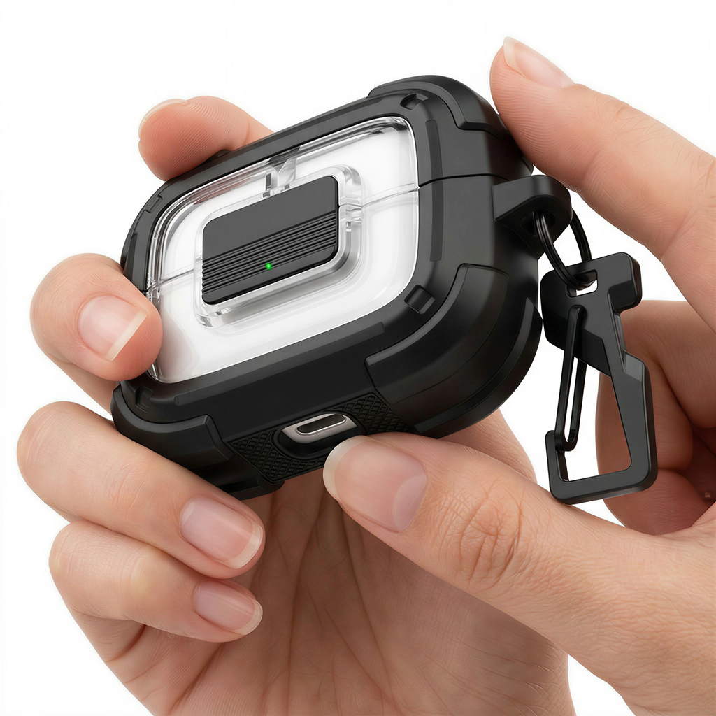 Clear View Lockable AirPods Case with Carabiner – Rugged Heavy-Duty Protection Shockproof Cover