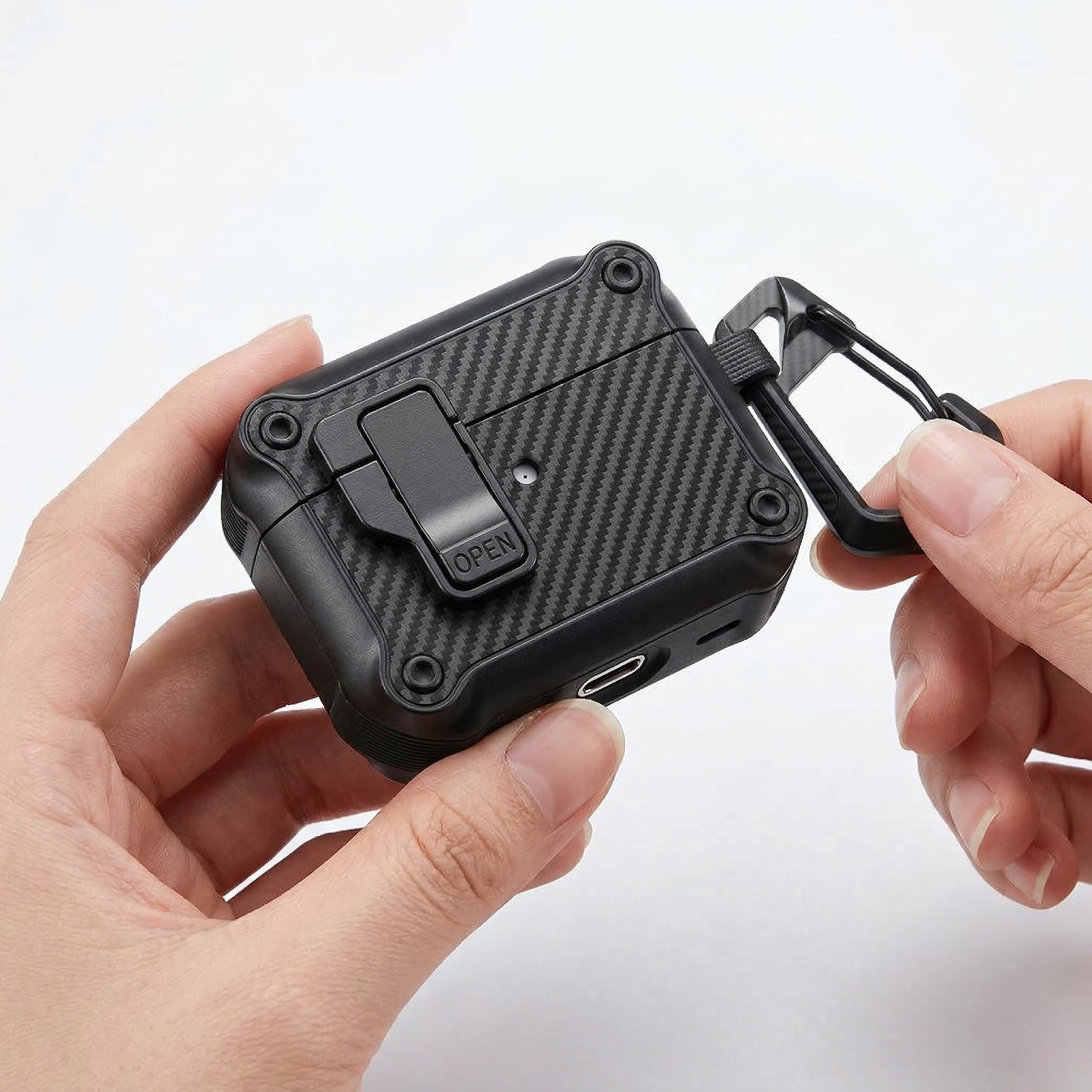 Rugged Carbon Fiber AirPods Case with Lock & Carabiner – Heavy-Duty Protection Shockproof Cover