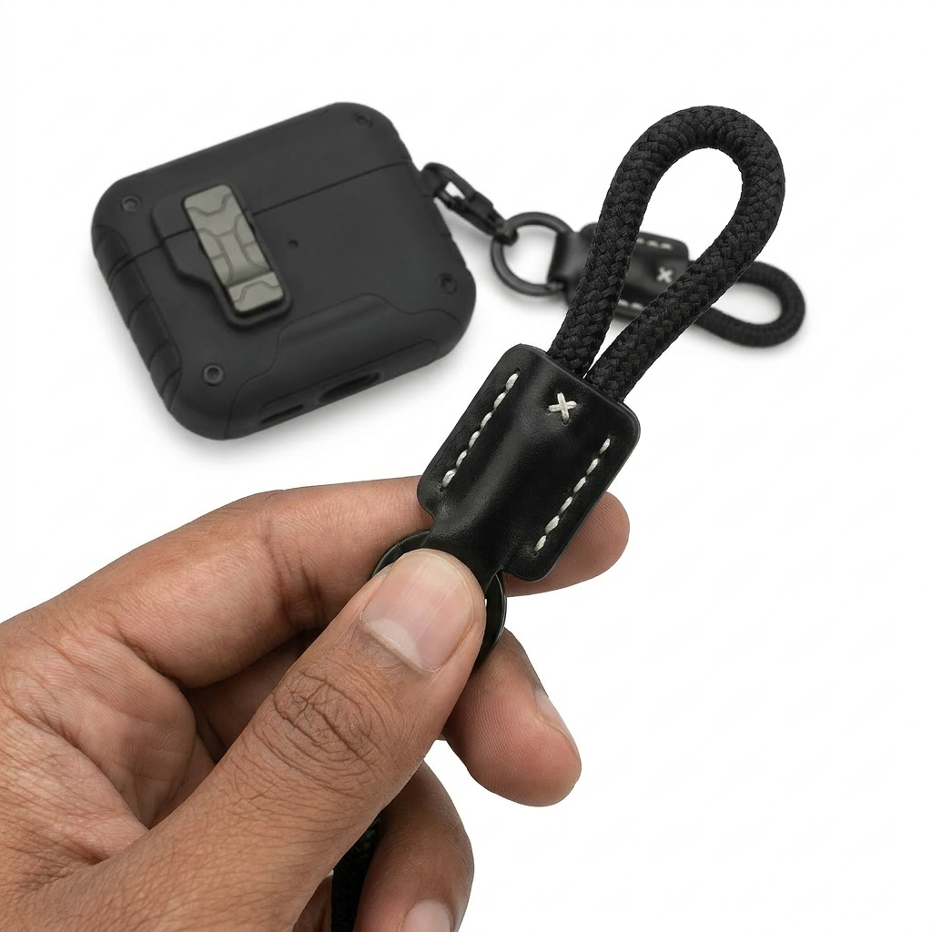 Rugged Lockable AirPods Case with Leather Lanyard – Black Shockproof Cover