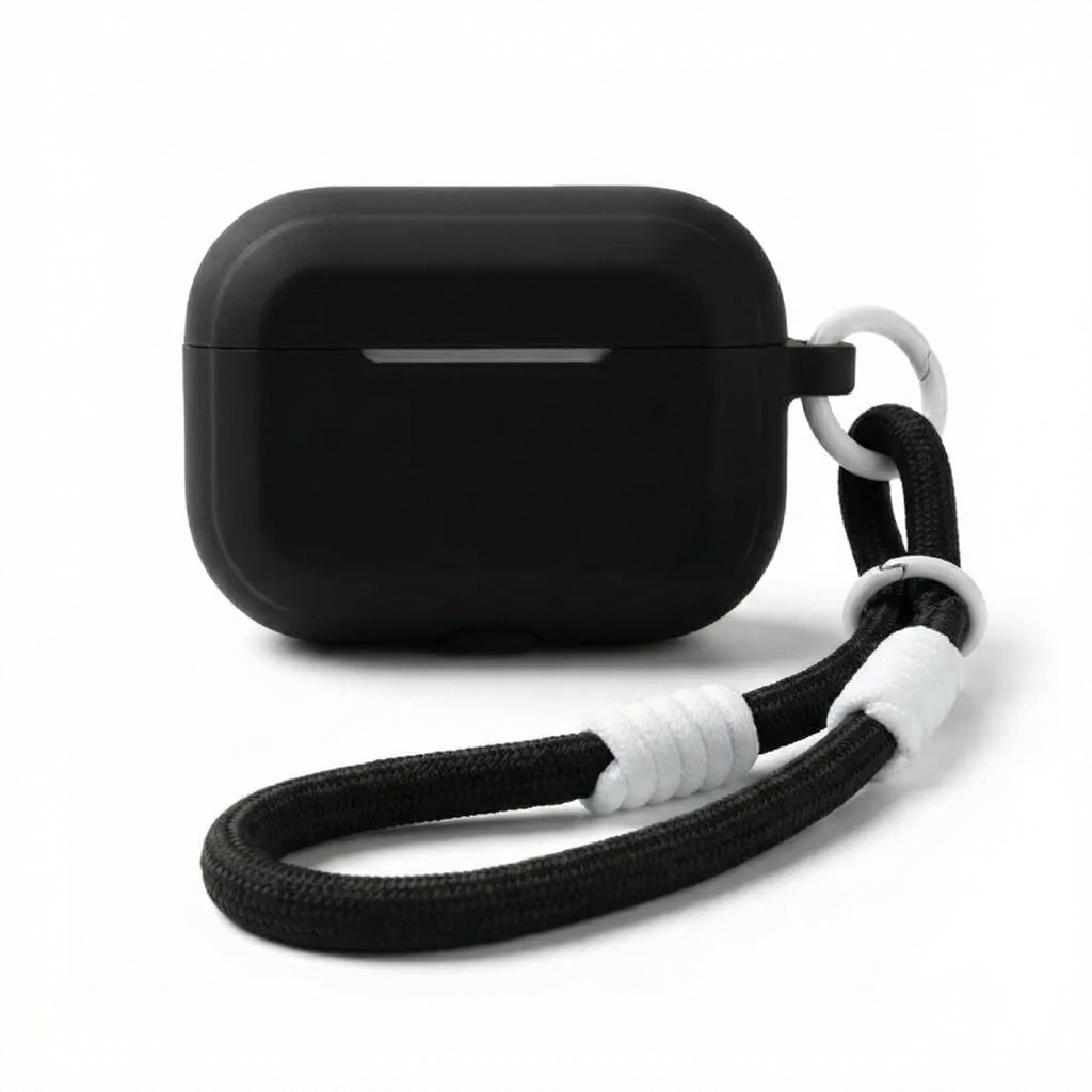 Matte Black Silicone AirPods Case with Braided Lanyard – Universal Fit