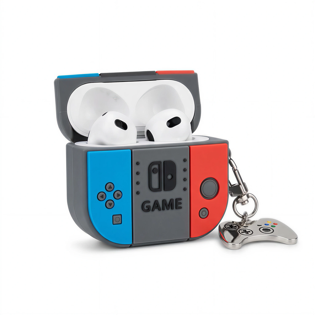 80s Nostalgia Handheld Gaming AirPods Case – Classic 8-Bit Console Style Silicone Cover with Mini Controller Charm