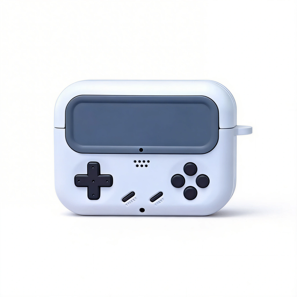 Retro Handheld Game Console AirPods Case – Light Gray Silicone Design