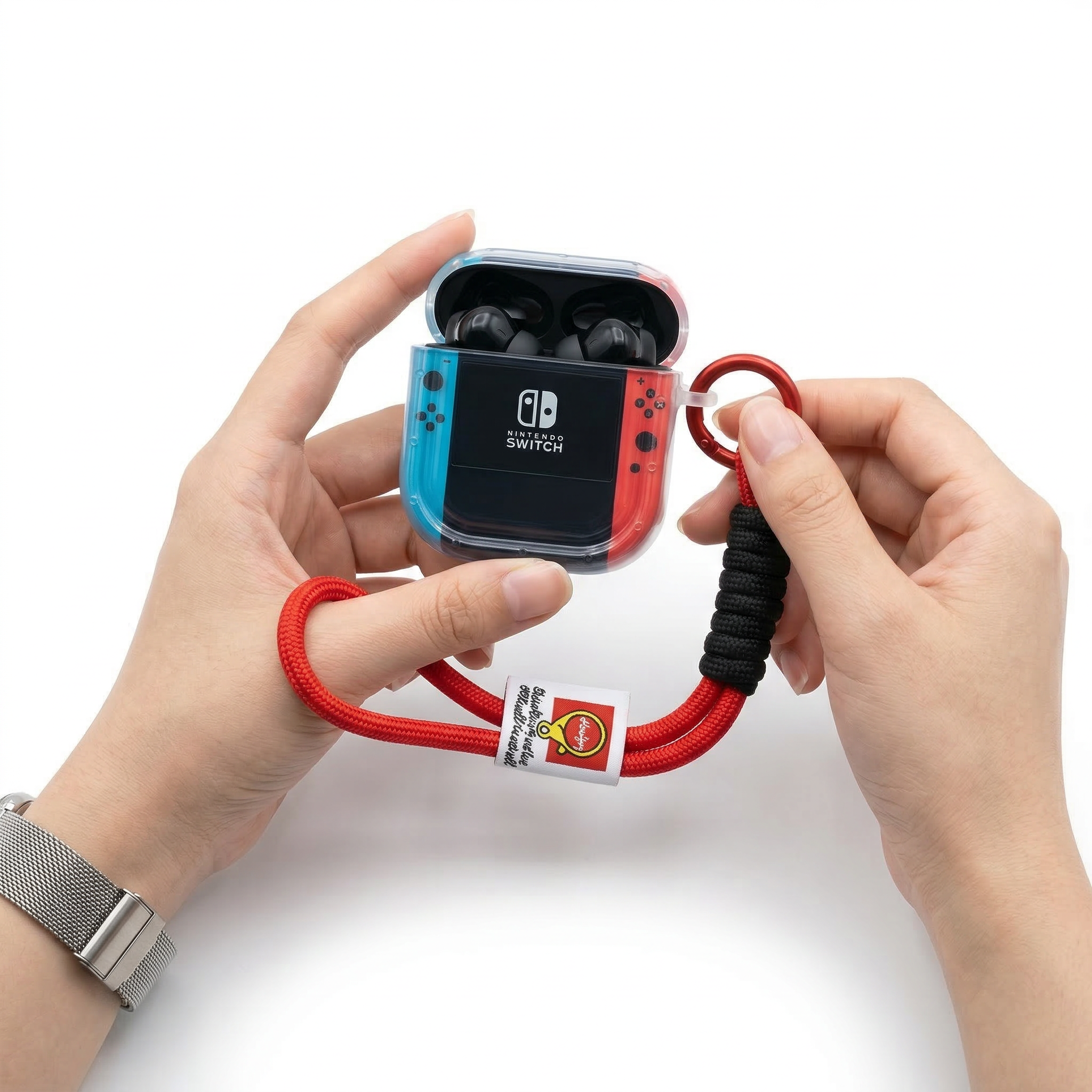 Red and Blue Handheld Gaming Style AirPods Case – Clear TPU Protective Cover with Lanyard