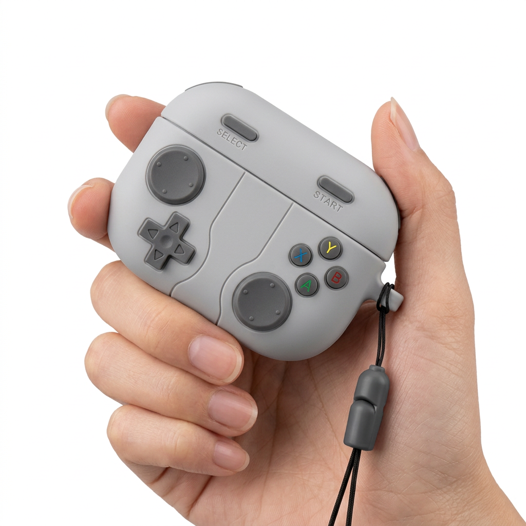 80s Nostalgia 8-Bit Gamepad AirPods Case – Vintage Gray Silicone Gaming Design