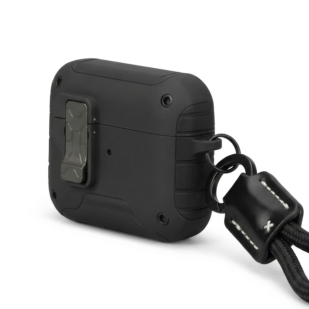 Rugged Lockable AirPods Case with Leather Lanyard – Black Shockproof Cover
