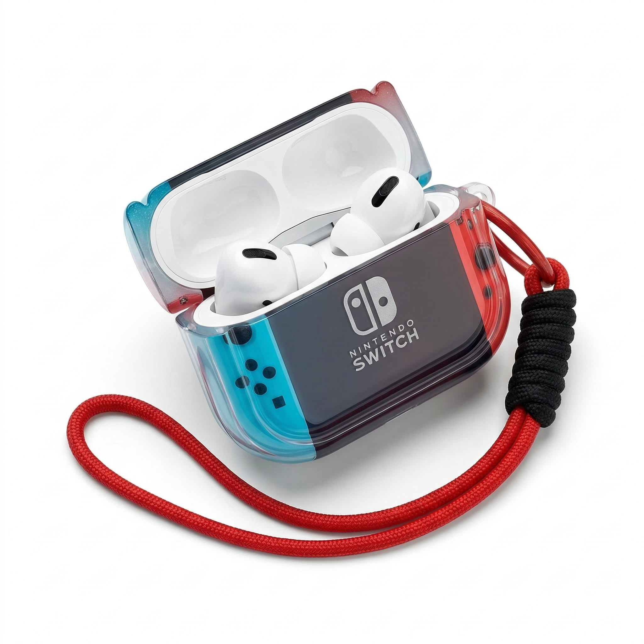 Red and Blue Handheld Gaming Style AirPods Case – Clear TPU Protective Cover with Lanyard