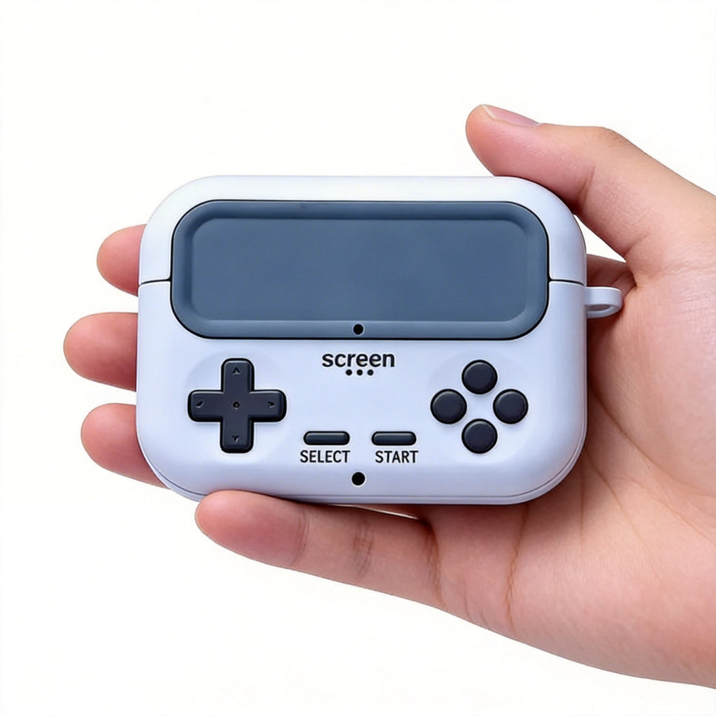 Retro Handheld Game Console AirPods Case – Light Gray Silicone Design