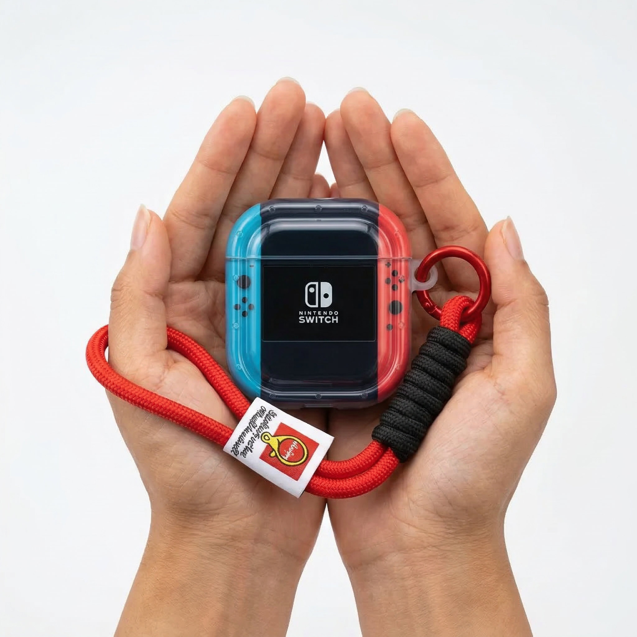 Red and Blue Handheld Gaming Style AirPods Case – Clear TPU Protective Cover with Lanyard