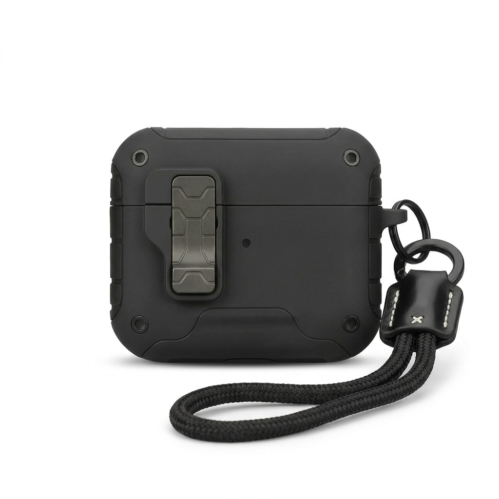 Rugged Lockable AirPods Case with Leather Lanyard – Black Shockproof Cover