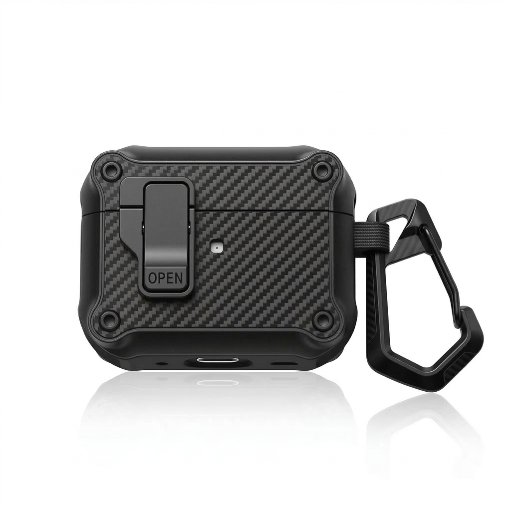 Rugged Carbon Fiber AirPods Case with Lock & Carabiner – Heavy-Duty Protection Shockproof Cover