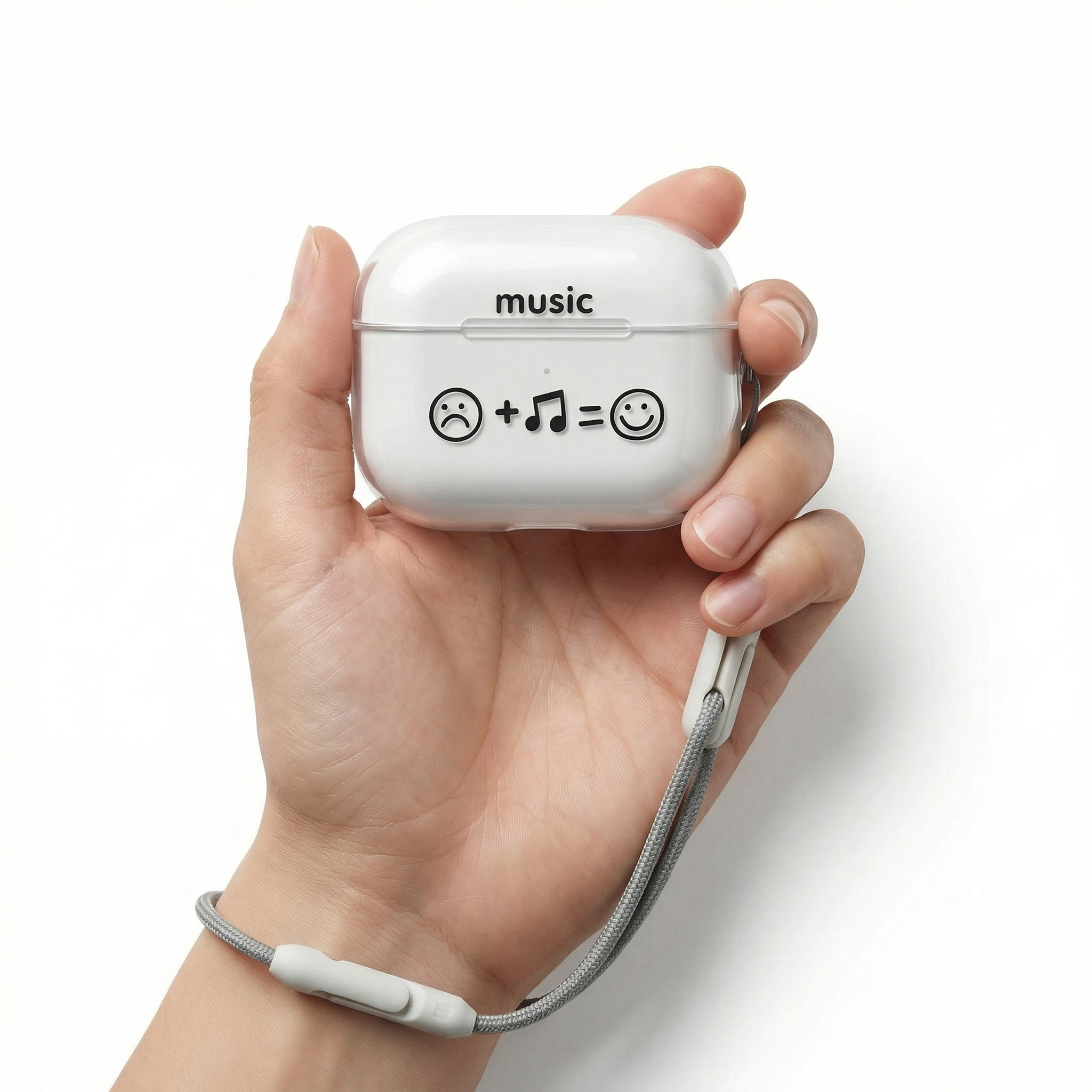 Clear "Music = Happiness" AirPods Case with Lanyard – Universal Fit