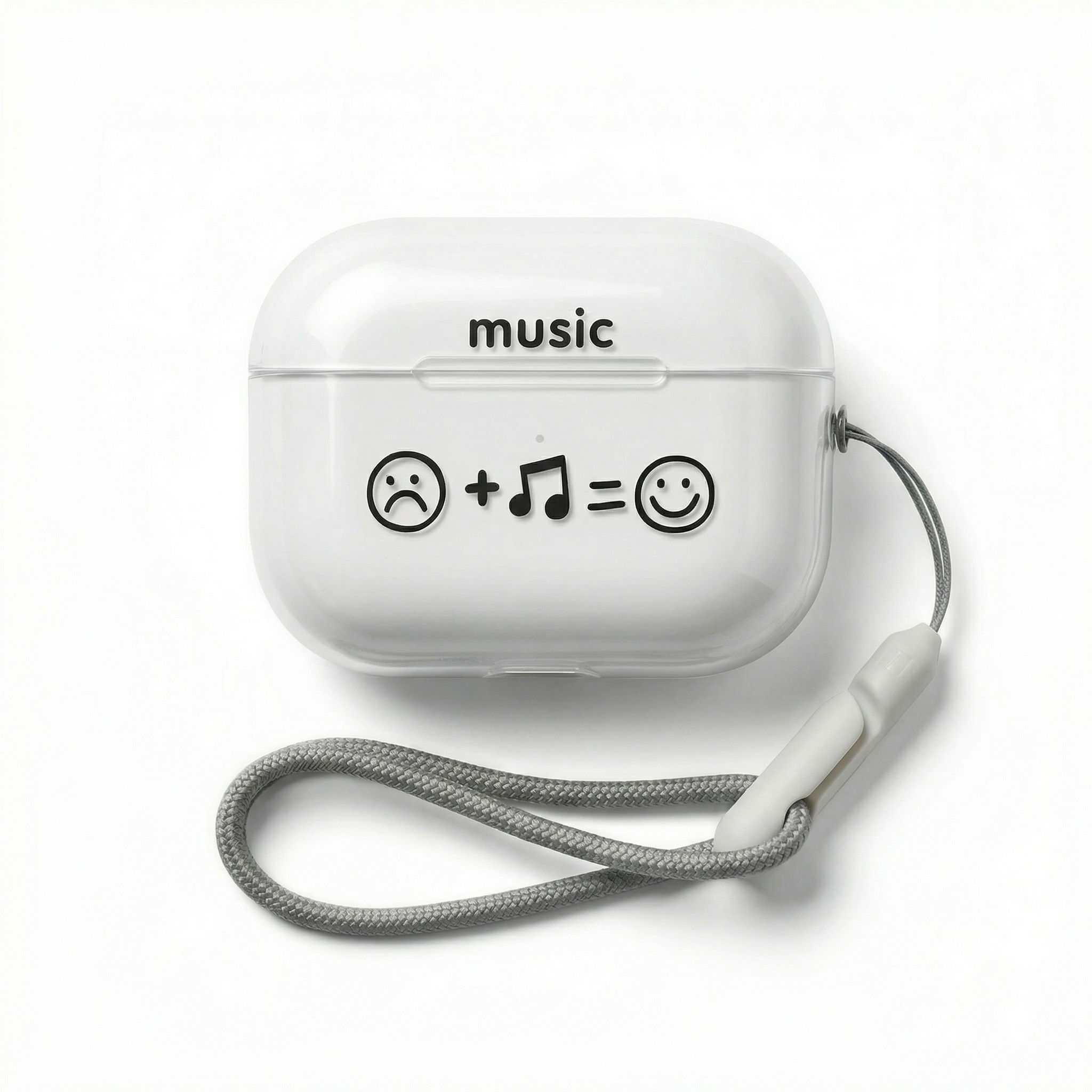 Clear "Music = Happiness" AirPods Case with Lanyard – Universal Fit