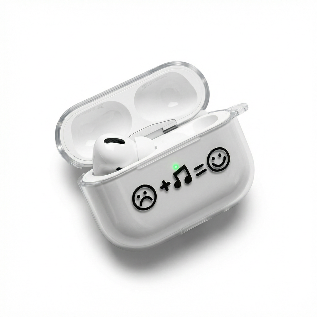 Clear "Music = Happiness" AirPods Case with Lanyard – Universal Fit