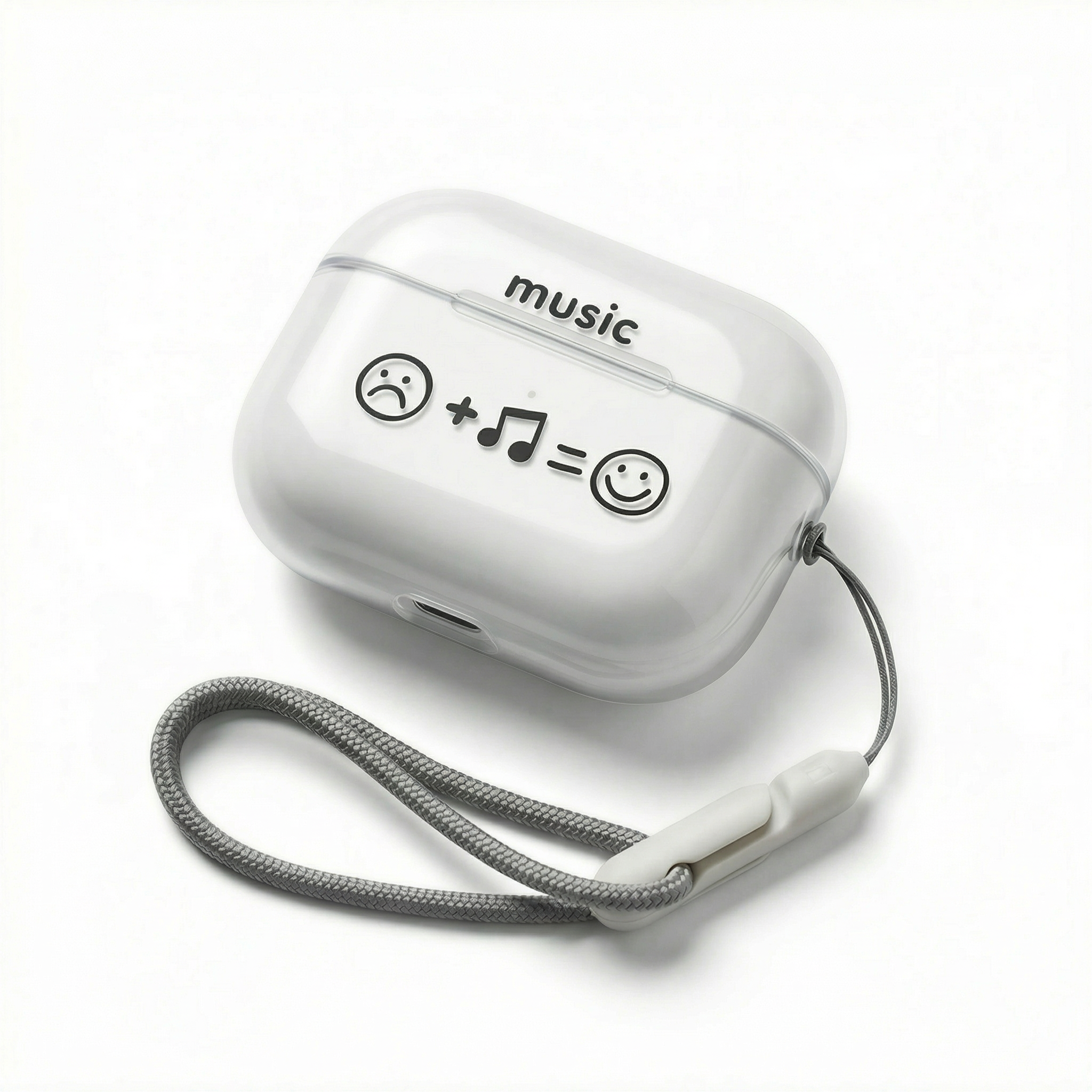 Clear "Music = Happiness" AirPods Case with Lanyard – Universal Fit