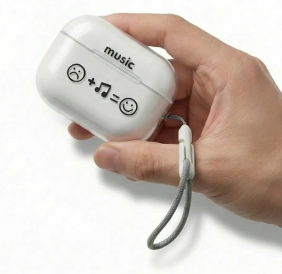 Clear "Music = Happiness" AirPods Case with Lanyard – Universal Fit