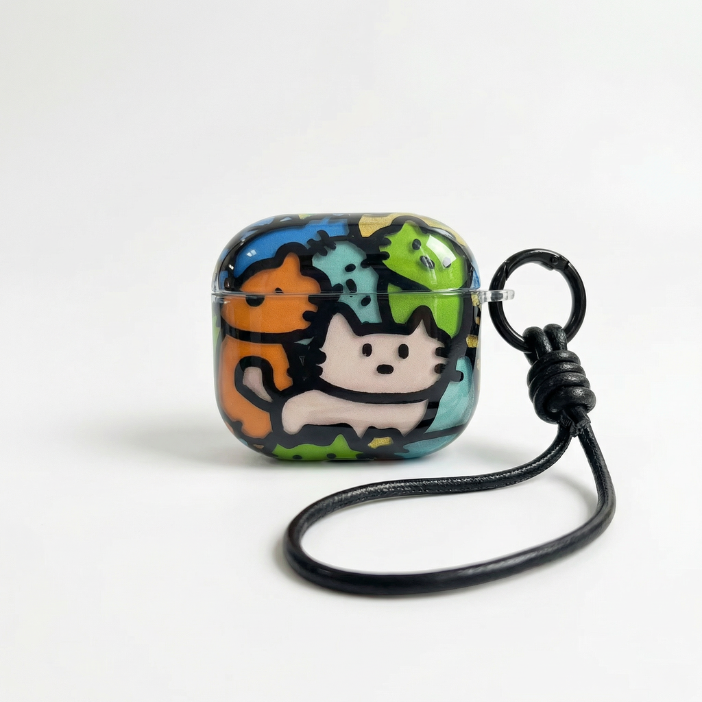 Cute Cartoon Cat AirPods Case with Lanyard – Universal Fit