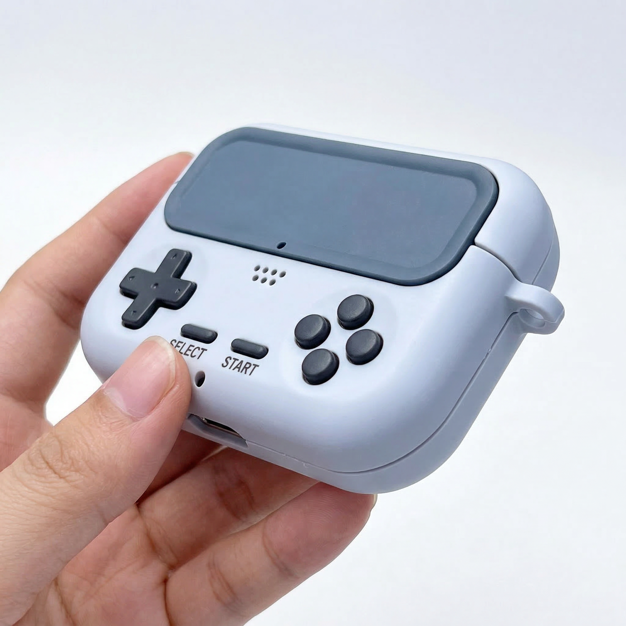 Retro Handheld Game Console AirPods Case – Light Gray Silicone Design