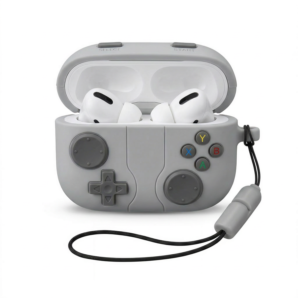 80s Nostalgia 8-Bit Gamepad AirPods Case – Vintage Gray Silicone Gaming Design